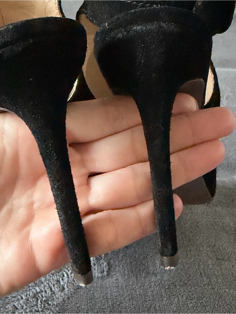 Tory Burch Black Suede Peep-Toe Stiletto Sandals with Gold Buckle - Picture 10 of 14